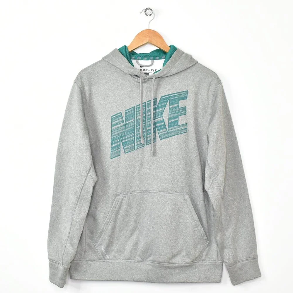 NIKE Hoodie Sweatshirt Pullover Mens M Therma Fit Gray Spell Out Fleece Athletic